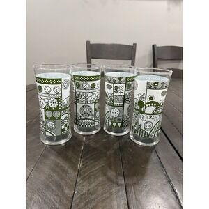 Vtg Amish Folk Art Green Tumbler 6 1/2" Glasses Flowers Birds Set Of 4 MCM